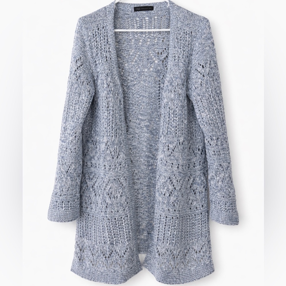 M&S Collection 100% Cotton Open Knit Cardigan Size Large Blue Marled